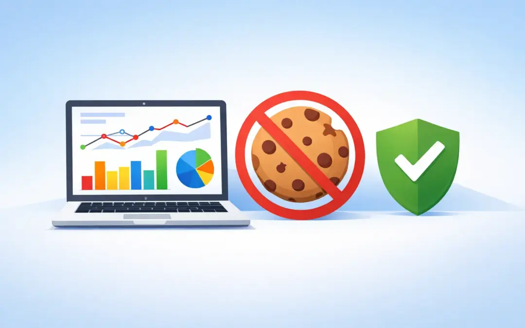 Illustration: Datenschutzkonformes Affiliate-Tracking ohne Cookies – Laptop mit Statistik-Dashboard und durchgestrichenem Cookie-Symbol