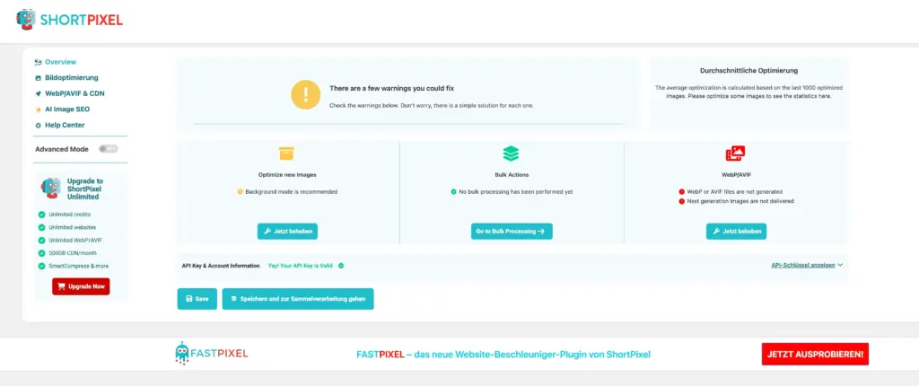 ShortPixel Plugin Einstellungen für Bildoptimierung