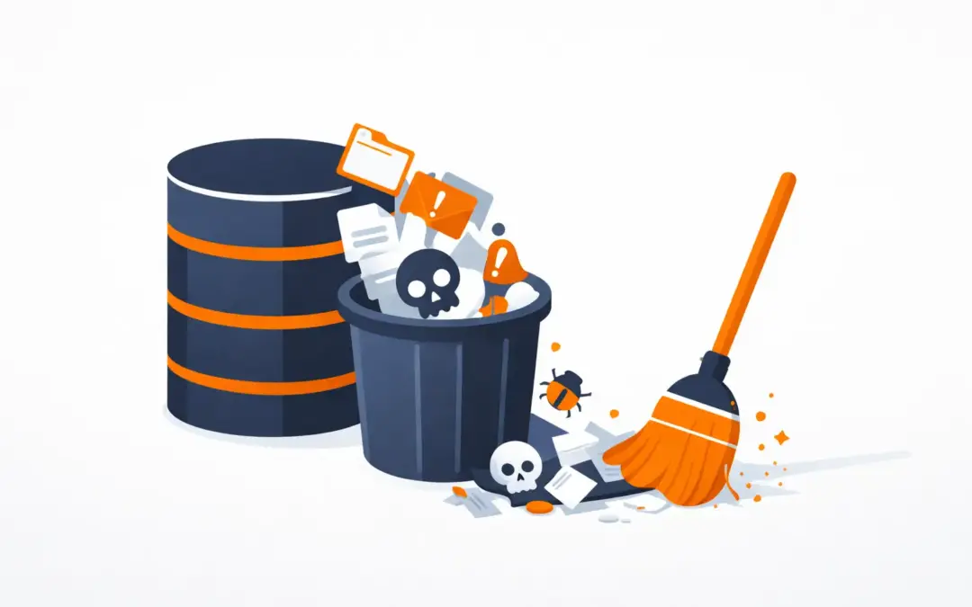 WordPress Datenbank aufräumen – Illustration zeigt Datenmüll der aus einer Datenbank entfernt wird