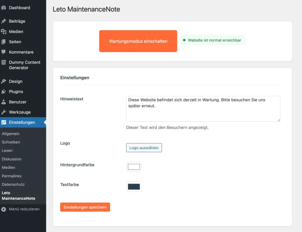 Mit wenigen Einstellungen kannst du die Wartungsseite optisch und inhaltlich an deine Website anpassen. Leto MaintenanceNote Einstellungen für Hinweistext, Logo, Hintergrundfarbe und Textfarbe