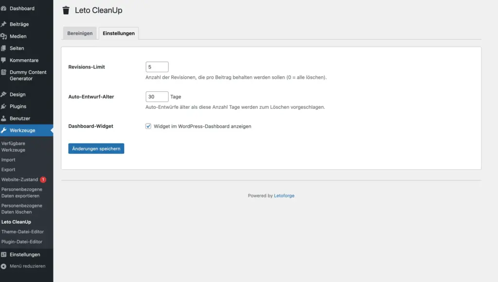 Leto CleanUp Einstellungen mit Revisions-Limit, Auto-Entwurf-Alter und Dashboard-Widget