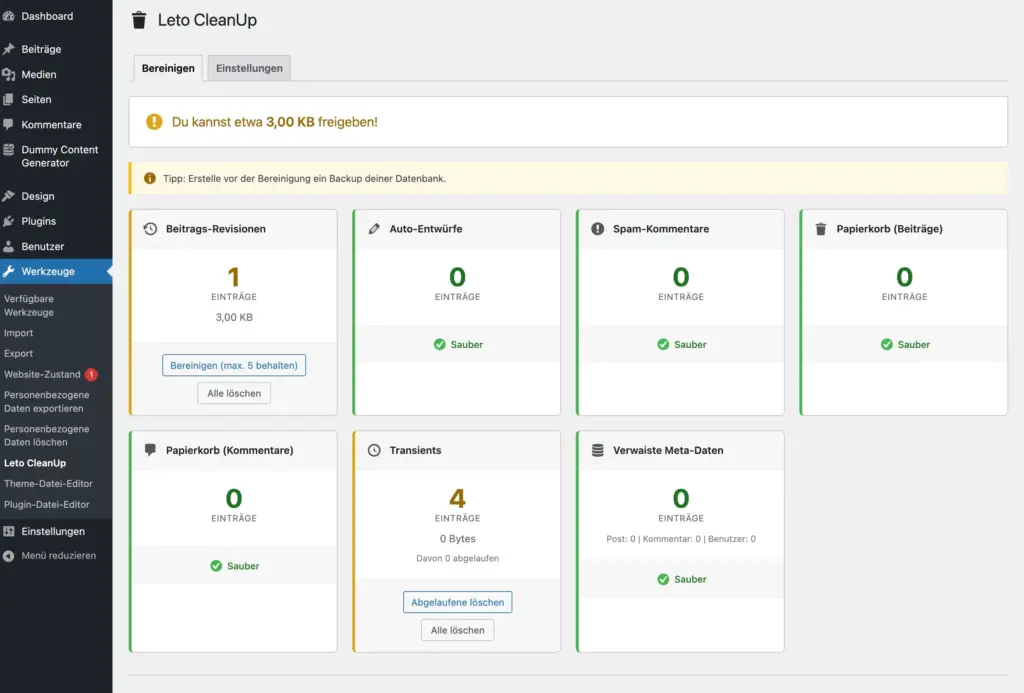 Leto CleanUp im WordPress-Backend unter Werkzeuge mit allen Cleanup-Bereichen