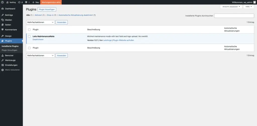 Leto MaintenanceNote Plugin im WordPress-Backend – orangener "Wartungsmodus aktiv"-Button in der Admin-Bar