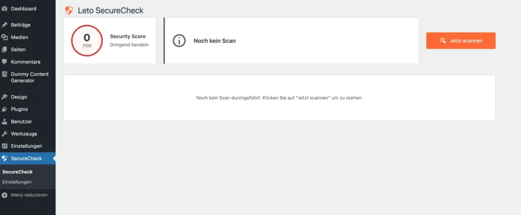 Leto SecureCheck vor dem ersten Scan mit Hinweis auf noch fehlende Ergebnisse und Button zum Starten des Scans