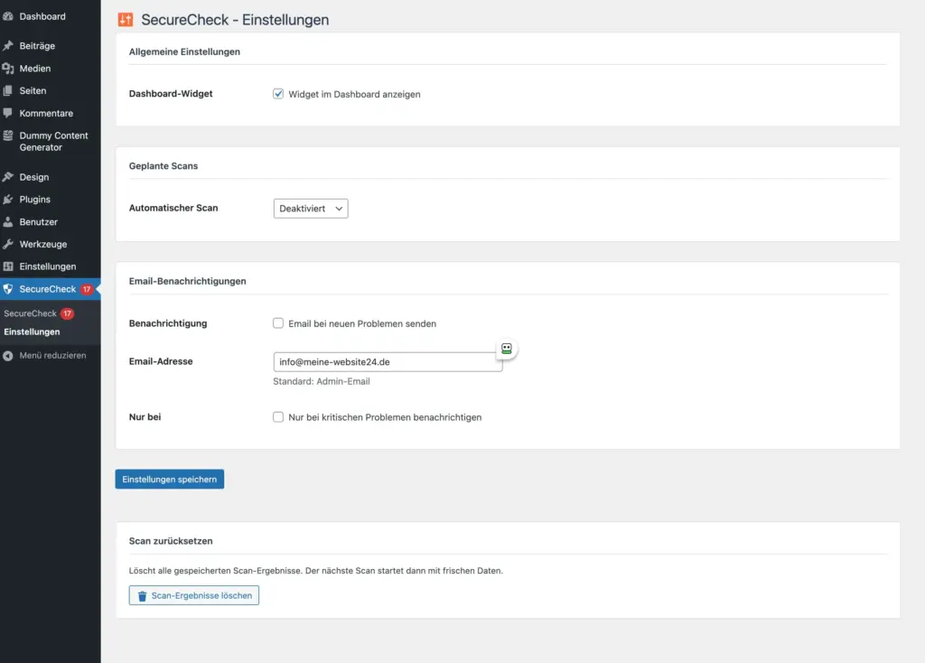 Über die Einstellungen steuerst du, ob SecureCheck automatisch scannt und dich per E-Mail informiert. Leto SecureCheck Einstellungen mit Dashboard-Widget, geplanten Scans, E-Mail-Benachrichtigungen und Scan-Reset