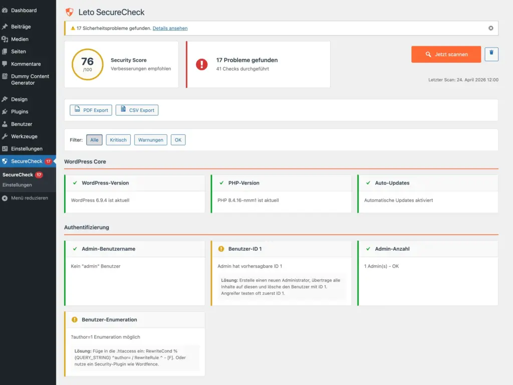 Nach einem Scan stehen dir zusätzliche Funktionen wie Filter, CSV-Export und PDF-Export zur Verfügung. Leto SecureCheck mit Export-Buttons, Filterleiste und Scan-Ergebnissen im Dashboard