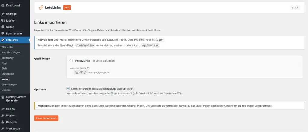 LetoLinks Import-Seite mit verfügbaren Importquellen und Import-Optionen