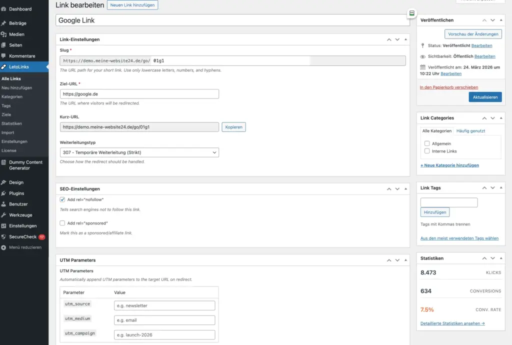LetoLinks Bearbeitungsansicht mit Ziel-URL, Slug und Redirect-Einstellungen