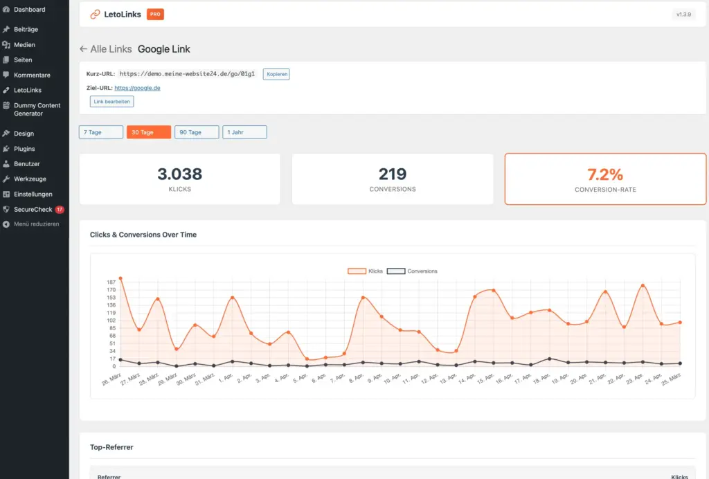 LetoLinks Pro Einzelstatistik eines Links mit Klicks, Conversions und Verlauf