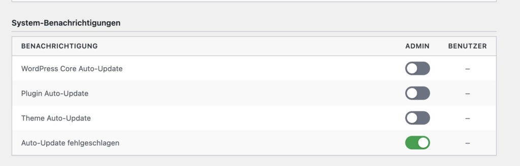 Toggle-Schalter für System-Benachrichtigungen: WordPress Core, Plugin und Theme Auto-Updates