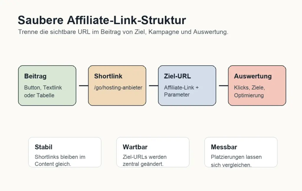 Schaubild einer sauberen Affiliate-Link-Struktur von Shortlink ueber Ziel-URL bis zur Auswertung