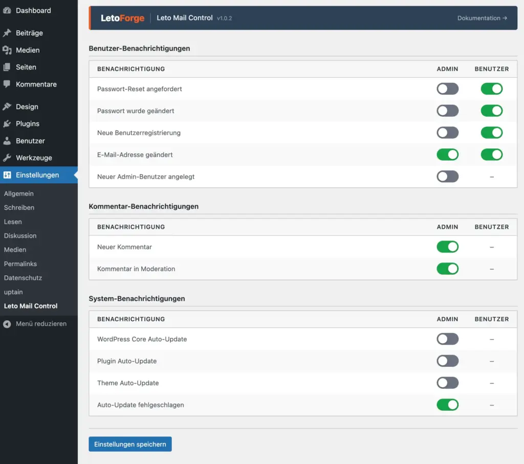 Leto Mail Control Einstellungen Einstellungsseite von Leto Mail Control mit steuerbaren WordPress E-Mail-Benachrichtigungen