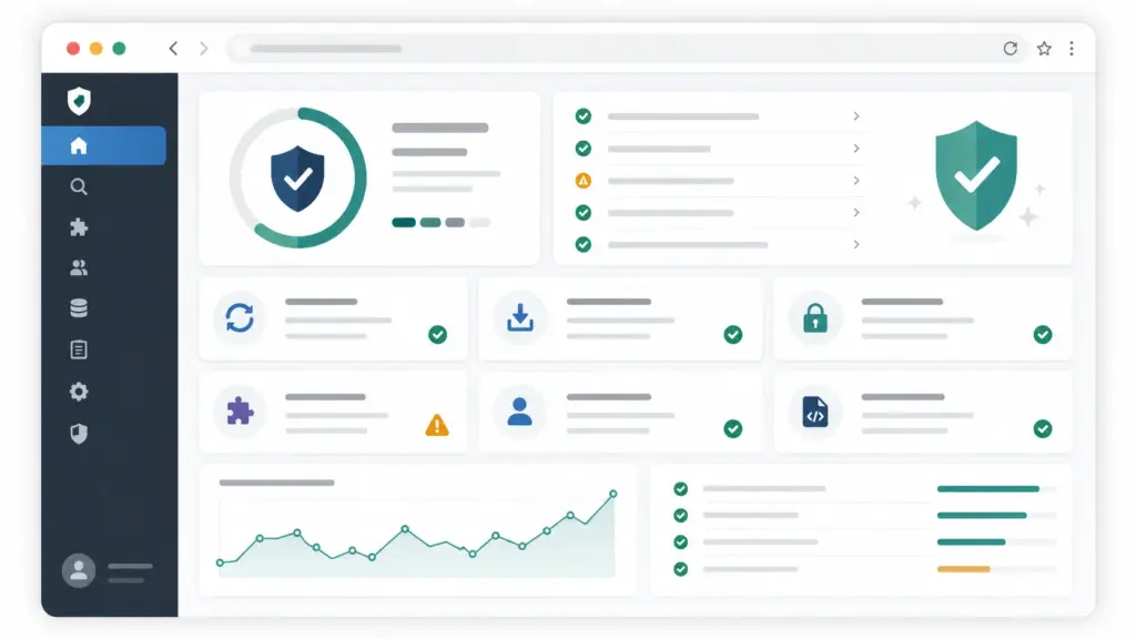 Illustration eines WordPress Sicherheitscheck Dashboards Illustration eines WordPress Sicherheitscheck Dashboards mit Score, Checkliste und Statuskarten