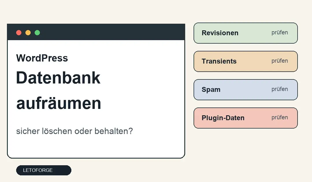 WordPress-Datenbank mit aufgeräumten Tabellen, Backup-Hinweis und sicheren Löschkategorien