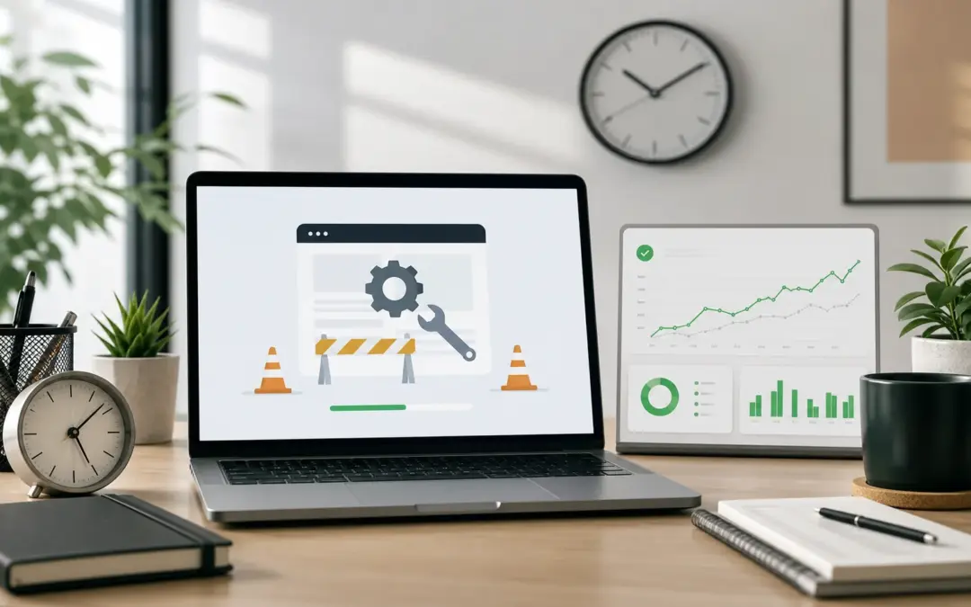 WordPress-Wartungsmodus mit SEO-Checkliste auf einem Desktop-Arbeitsplatz